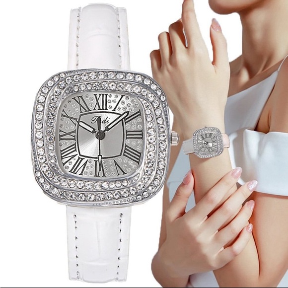 Square Design Starry Sky Quartz Watch With Diamonds croc embossed white band - Picture 1 of 12